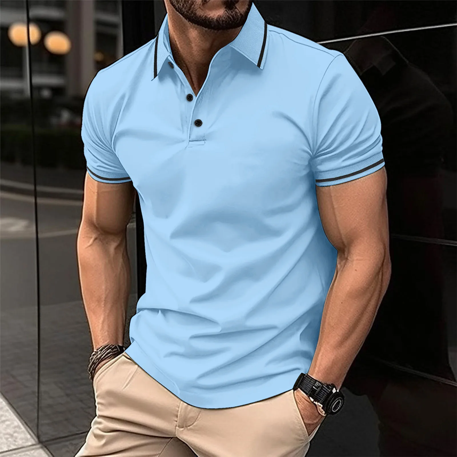 Men's color-blocked trimmed Polo shirt - short sleeve, casual style, buttoned front design, versatile for daily wear
Men's color-blocked trimmed Polo shirt - short sleeve, casual style, buttoned front design, versatile for daily wear
