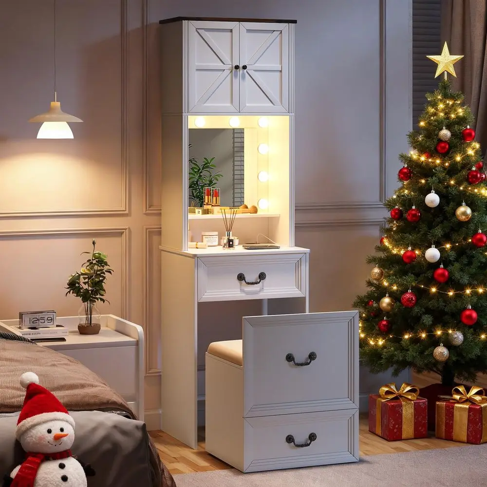 Vanity with Mirror and Lights, Makeup Vanity Desk w Storage Drawers amp Shelves, Farmhouse Vanity Table with Hidden Chair for B
Vanity with Mirror and Lights, Makeup Vanity Desk w Storage Drawers amp Shelves, Farmhouse Vanity Table with Hidden Chair for B
