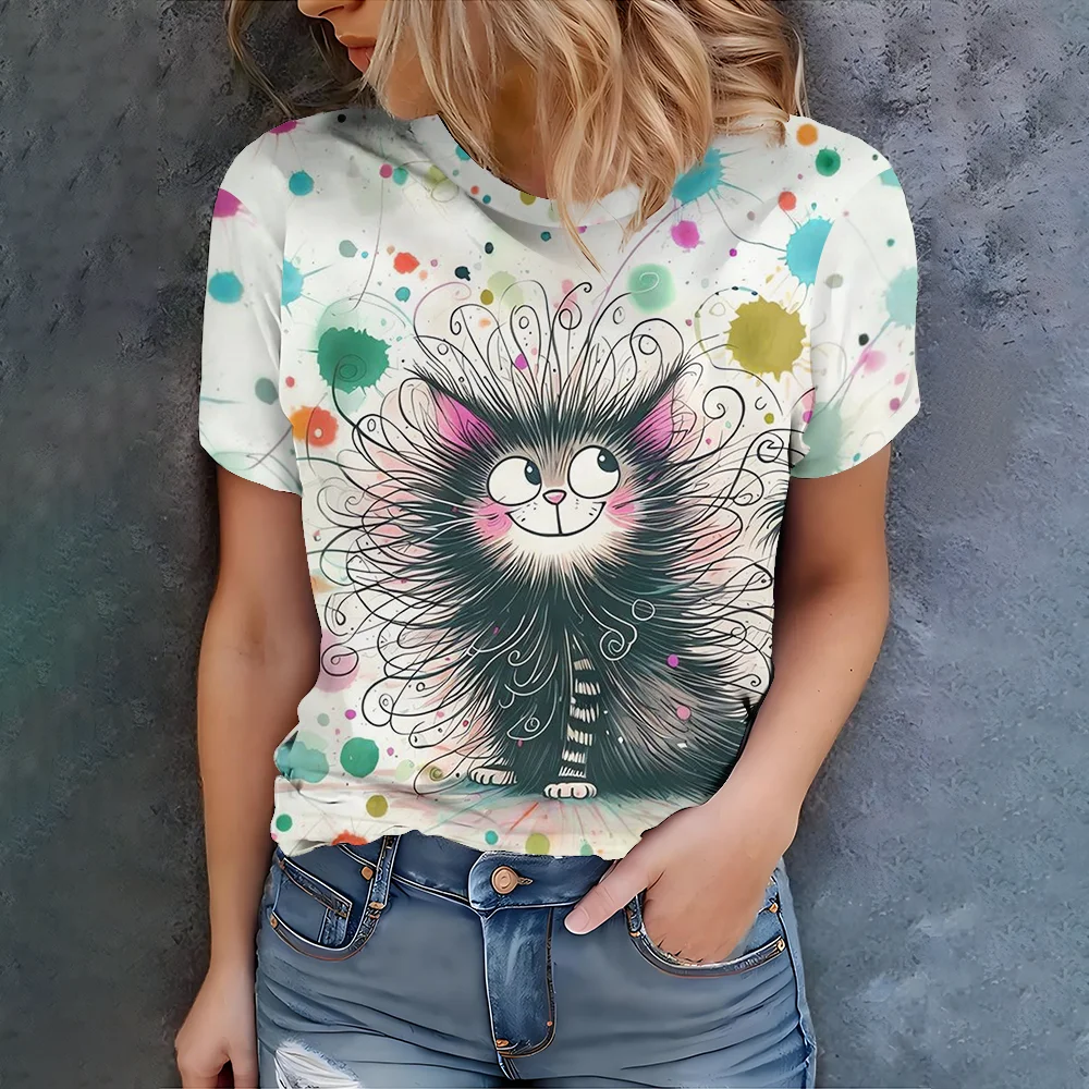 Women's Playful Colorful Cartoon Cat Printed White T-shirt - Summer Casual Fashion Playful Fit Round Neck Short Sleeve 
Women's Playful Colorful Cartoon Cat Printed White T-shirt - Summer Casual Fashion Playful Fit Round Neck Short Sleeve