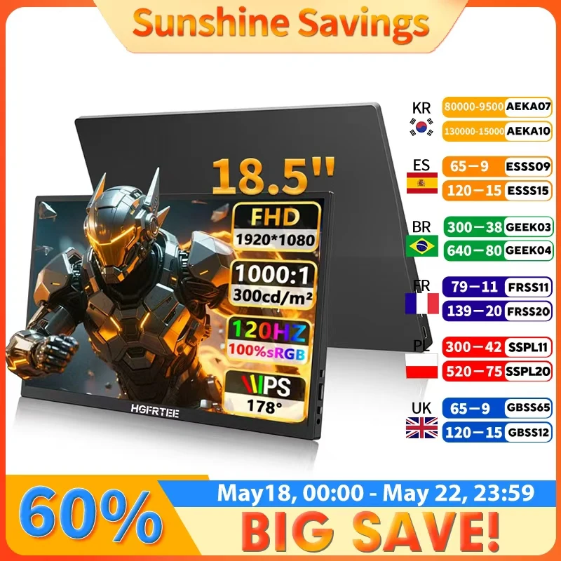 HGFRTEE 18.5 inch Portable Monitor 1920*1080 100%SRGB ADS-IPS Extended Display with Bracket For PC Laptop Phone Switch
HGFRTEE 18.5 inch Portable Monitor 1920*1080 100%SRGB ADS-IPS Extended Display with Bracket For PC Laptop Phone Switch