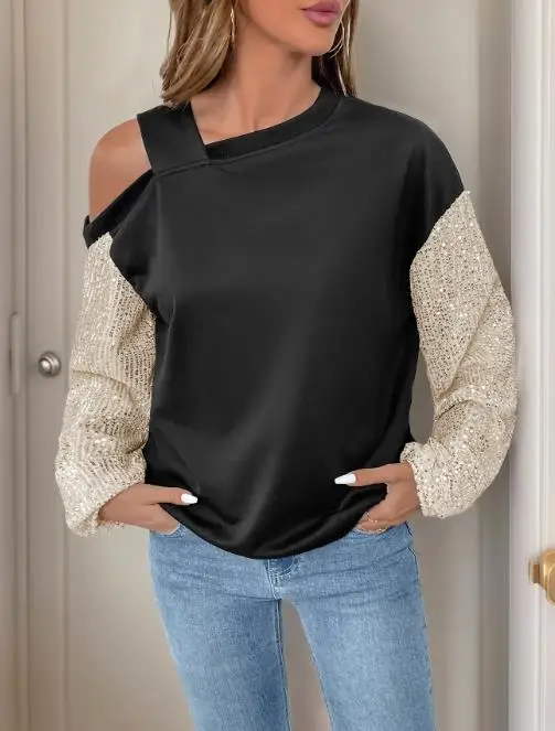 Personalized Fashion Sequin Off Shoulder Color Blocked Top for Autumn and Winter, Women's Diagonal Collar Long Sleeved Top
Personalized Fashion Sequin Off Shoulder Color Blocked Top for Autumn and Winter, Women's Diagonal Collar Long Sleeved Top