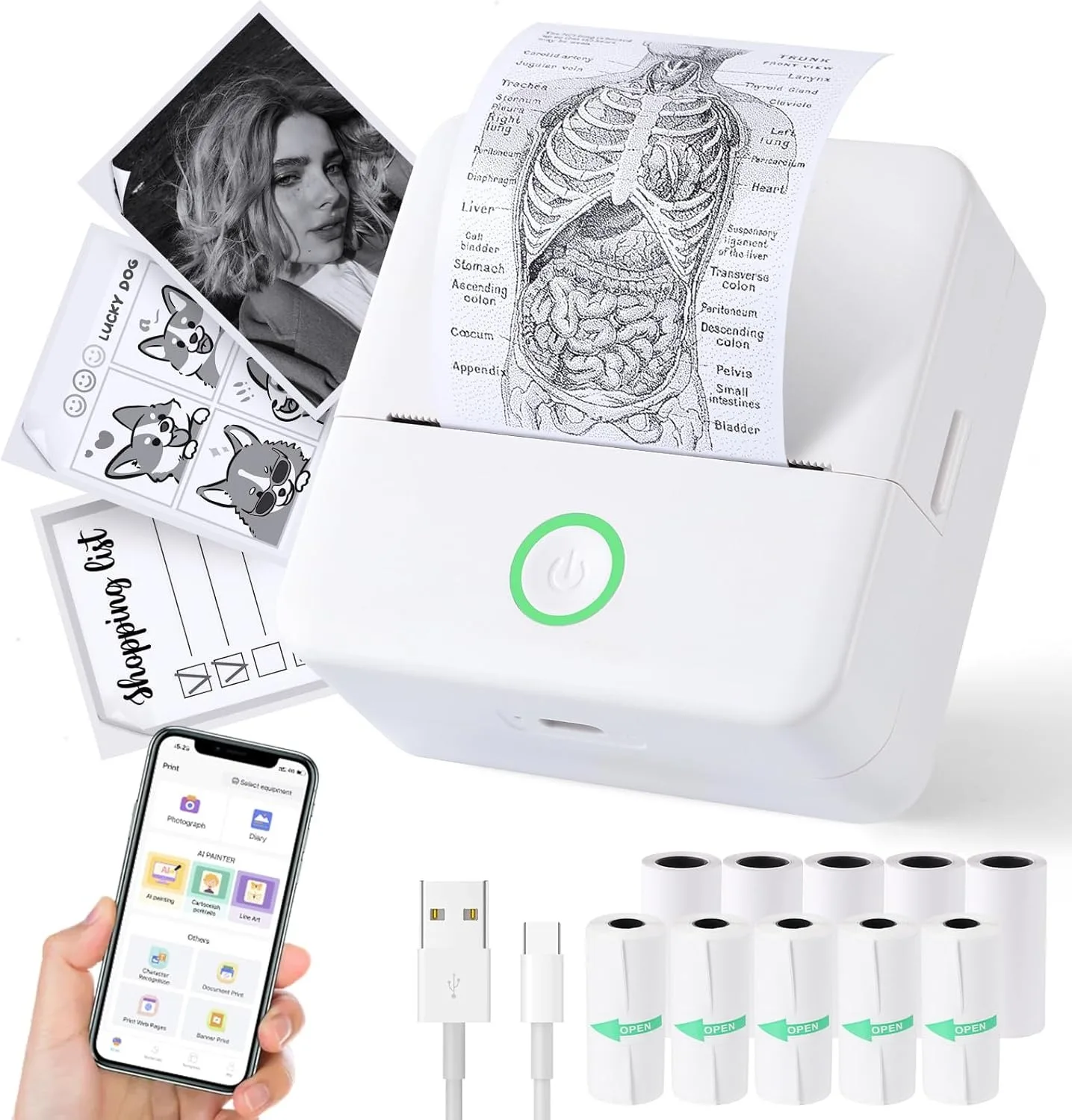Wireless Mini Photo Printer Set with 5 Sticker Rolls & 5 Thermal Paper, Bluetooth Mobile Printing for Pictures, Photos, Labels -