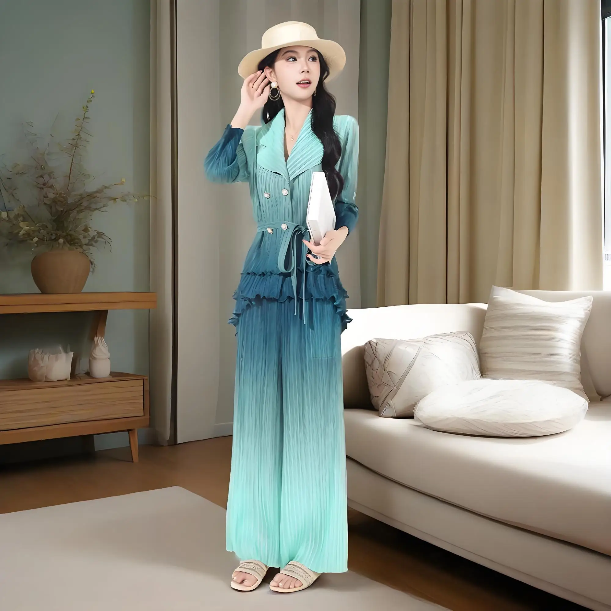 Miyake Autumn New Suit Pleated Gradual Change Color Suit Collar Fungus Edge Long Sleeve Jacket Fold High Waist Straight Pants
Miyake Autumn New Suit Pleated Gradual Change Color Suit Collar Fungus Edge Long Sleeve Jacket Fold High Waist Straight Pants