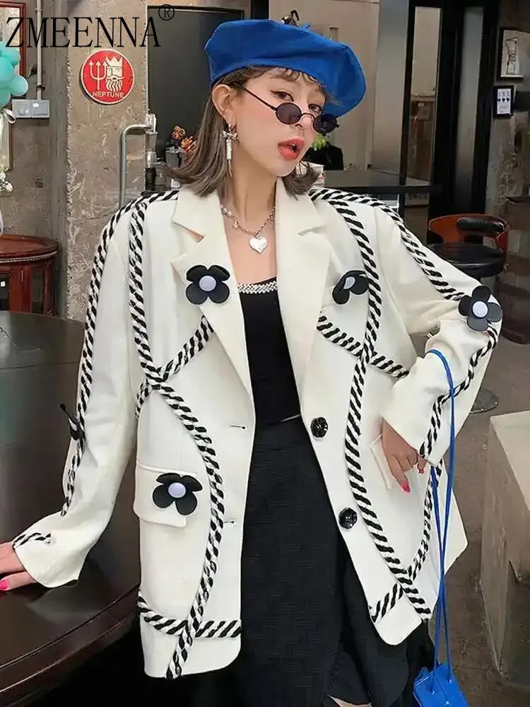 ZMEENNA Women's Fashion Blazer Jacket With Black And White Stripe Ribbon Accents And Floral Appliques Long Sleeve Coat ZM3147
ZMEENNA Women's Fashion Blazer Jacket With Black And White Stripe Ribbon Accents And Floral Appliques Long Sleeve Coat ZM3147