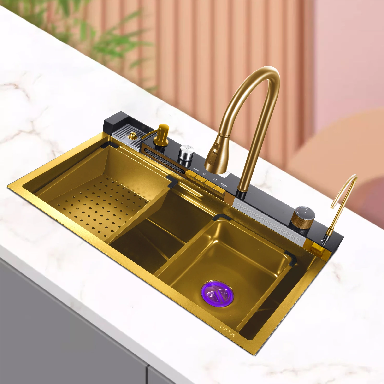 Kitchen sink double waterfall sink with cup washer, soap dispenser, waterfall mixer, worktop controller, etc. workstation kitchen sink (Gold, 29.5 * 17.7 * 8.7 IN)
Kitchen sink double waterfall sink with cup washer, soap dispenser, waterfall mixer, worktop controller, etc. workstation kitchen sink (Gold, 29.5 * 17.7 * 8.7 IN)