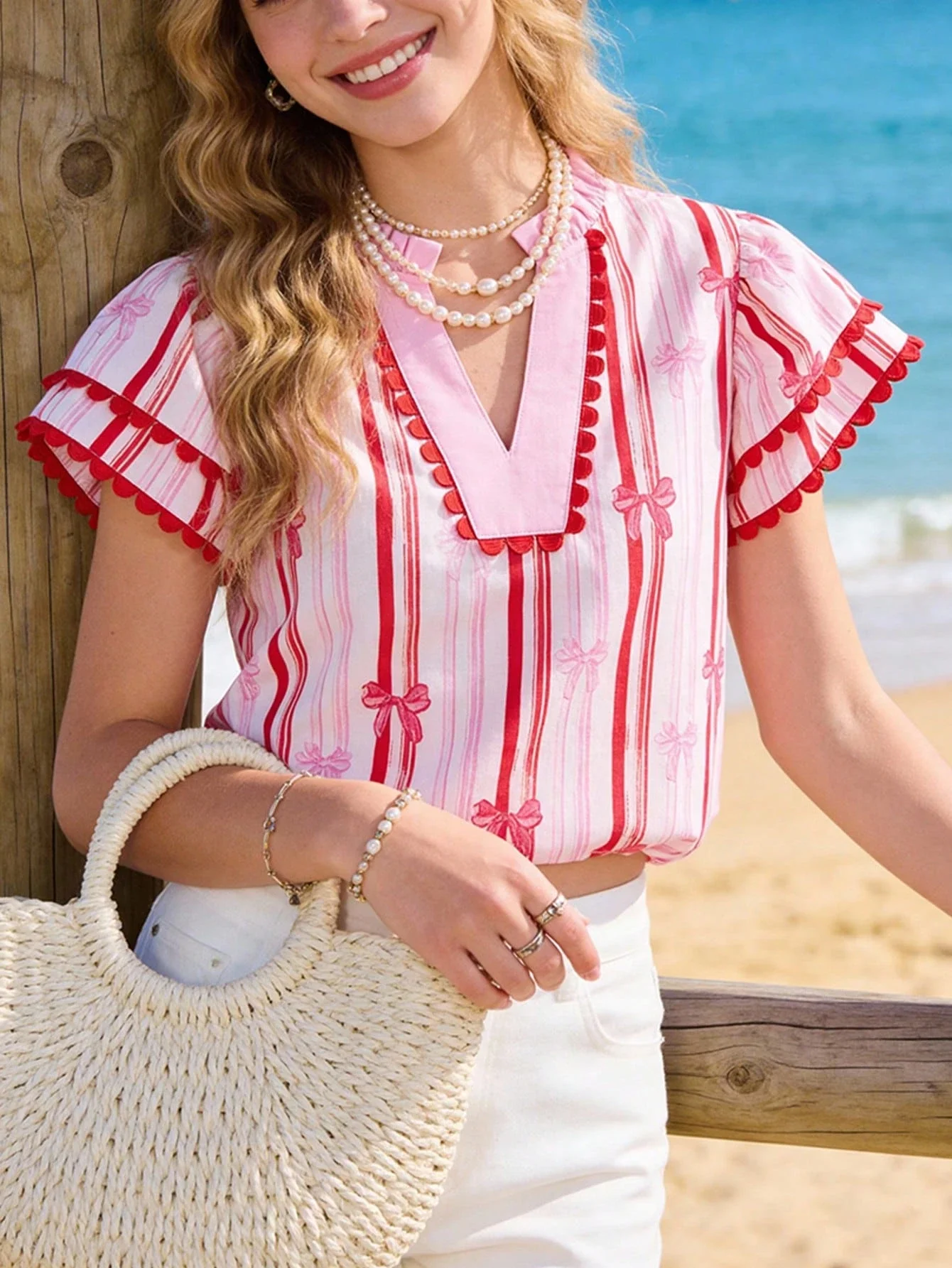 Women's V-Neck Flounce Sleeve Blouse With Bow Print Striped Summer Casual Top
Women's V-Neck Flounce Sleeve Blouse With Bow Print Striped Summer Casual Top