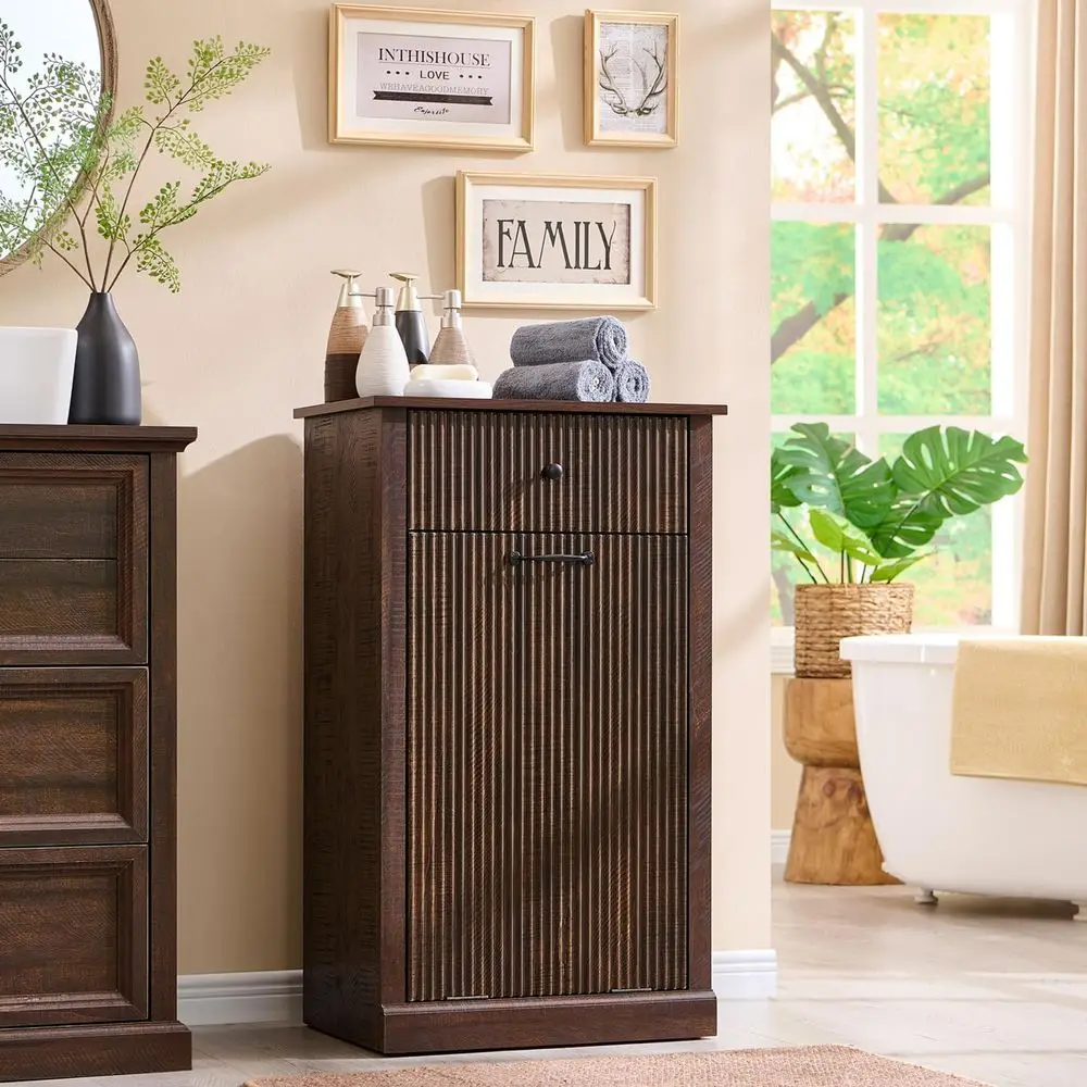 Brown Freestanding Wooden Hamper and Trash Can Cabinet for Bathroom and Kitchen, 10 Gallon with Drawer
Brown Freestanding Wooden Hamper and Trash Can Cabinet for Bathroom and Kitchen, 10 Gallon with Drawer