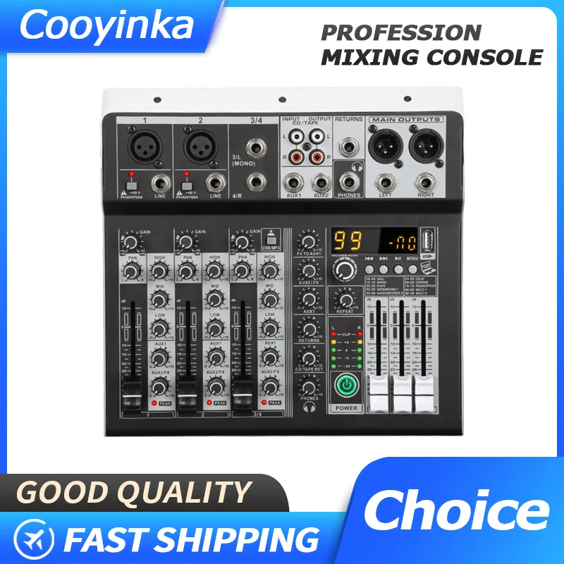 KP4 Audio Mixer 4 Channel 99 DSP Effect Record PC 48V Phantom Power USB Sound Mixers Bluetooth DJ Console Mixing for Karao
KP4 Audio Mixer 4 Channel 99 DSP Effect Record PC 48V Phantom Power USB Sound Mixers Bluetooth DJ Console Mixing for Karao