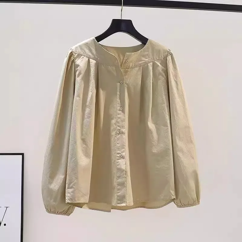 Loose Fit Pure Cotton Shirt with Lantern Sleeves round Neck Pleated Khaki Spring Autumn Artistic Style Women's Business Casua...
Loose Fit Pure Cotton Shirt with Lantern Sleeves round Neck Pleated Khaki Spring Autumn Artistic Style Women's Business Casua...