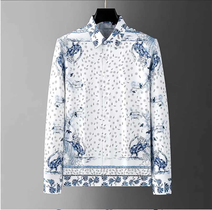 Модная мужская рубашка с длинными рукавами и цветочным принтом леопарда и тигра, без морщин, модная, облегающая, повседневная рубашка 
Модная мужская рубашка с длинными рукавами и цветочным принтом леопарда и тигра, без морщин, модная, облегающая, повседневная рубашка
