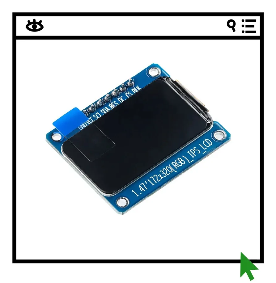1.47-inch color TFT display screen, high-definition IPS LCD screen module, 172 * 320SPI interface ST7789
1.47-inch color TFT display screen, high-definition IPS LCD screen module, 172 * 320SPI interface ST7789