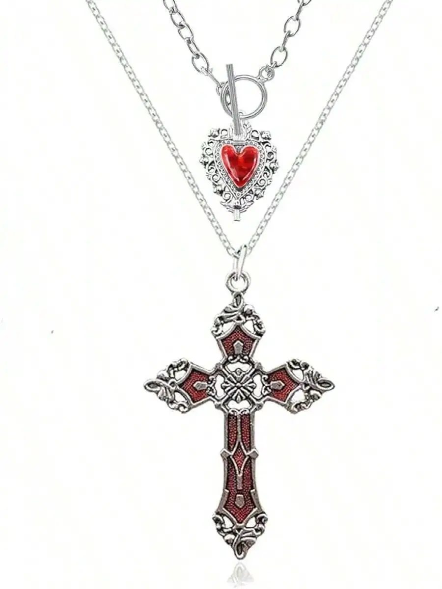 Layered Gothic Cross & Heart Pendant Necklace for Women, Vintage Red Enamel Silver-Tone Chain
Layered Gothic Cross & Heart Pendant Necklace for Women, Vintage Red Enamel Silver-Tone Chain