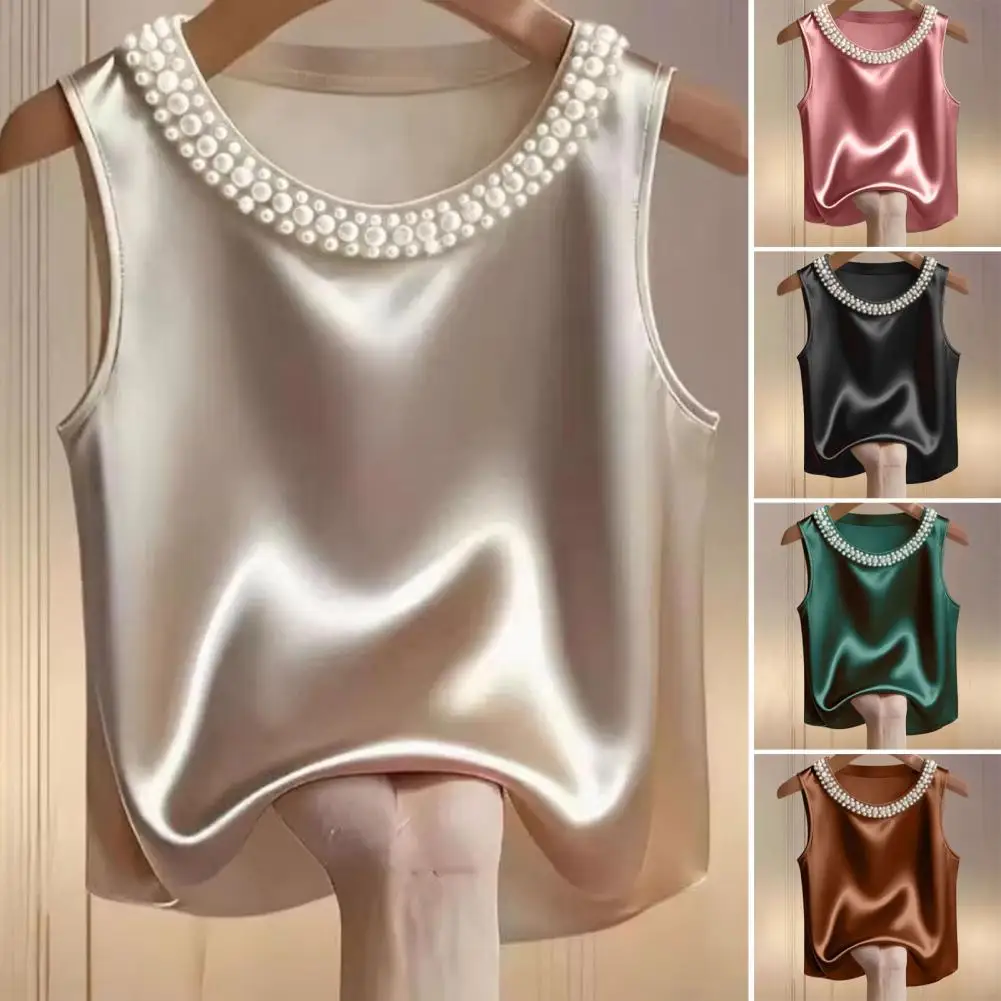 Women Satin Vest Faux Pearl Collar Top Women’s Satin Vest Top with Imitation Pearl Decoration Round Neck Blouse Loose Fit
Women Satin Vest Faux Pearl Collar Top Women’s Satin Vest Top with Imitation Pearl Decoration Round Neck Blouse Loose Fit