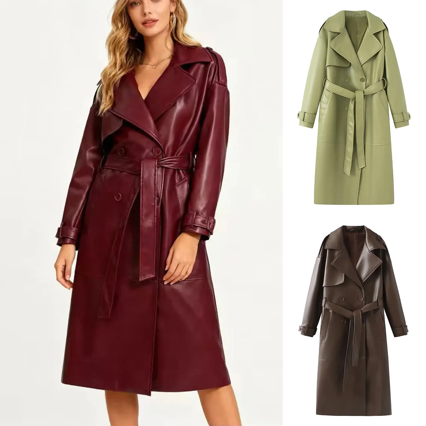 Новое осеннее женское свободное длинное пальто из искусственной кожи с поясом, ветровка средней длины, модная одежда для поездок на работу, чистый цвет 
Новое осеннее женское свободное длинное пальто из искусственной кожи с поясом, ветровка средней длины, модная одежда для поездок на работу, чистый цвет