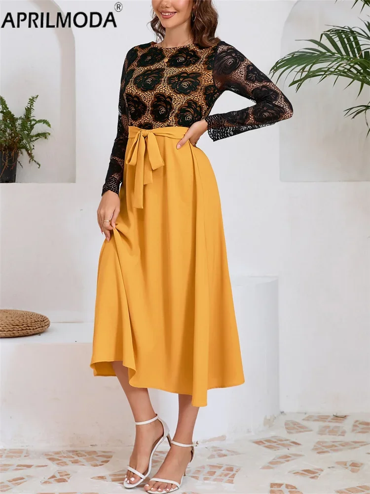 Black Yellow Lace Patchwork A Line Flare Vintage Dress Elegant Autumn Winter O Neck Long Sleeve High Waist Casual Holiday Dress
Black Yellow Lace Patchwork A Line Flare Vintage Dress Elegant Autumn Winter O Neck Long Sleeve High Waist Casual Holiday Dress