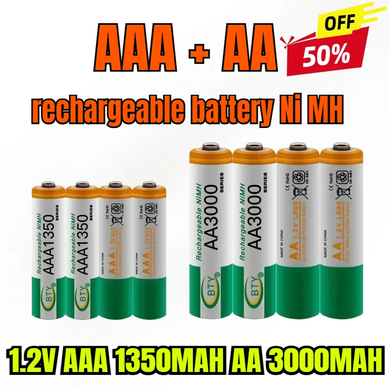 New 1.2 V AA 3000 MAH Ni MH akkus + AAA battery 1350 MAH rechargeable battery Ni MH 1.2 V AAA battery
New 1.2 V AA 3000 MAH Ni MH akkus + AAA battery 1350 MAH rechargeable battery Ni MH 1.2 V AAA battery