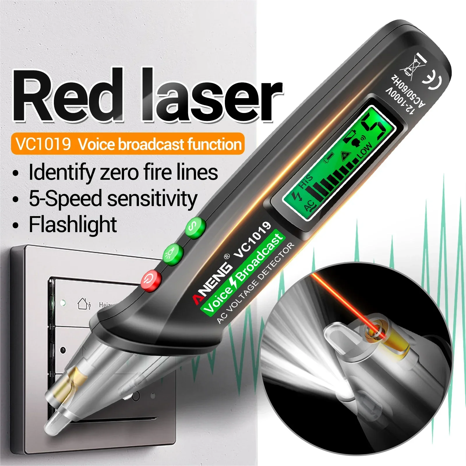 ANENG VC1019 LCD Digital Test Pen Non-contact Voice Broadcast Tester Pen Sensitivity Adjustable with Laser Indicator Sound Tools
ANENG VC1019 LCD Digital Test Pen Non-contact Voice Broadcast Tester Pen Sensitivity Adjustable with Laser Indicator Sound Tools