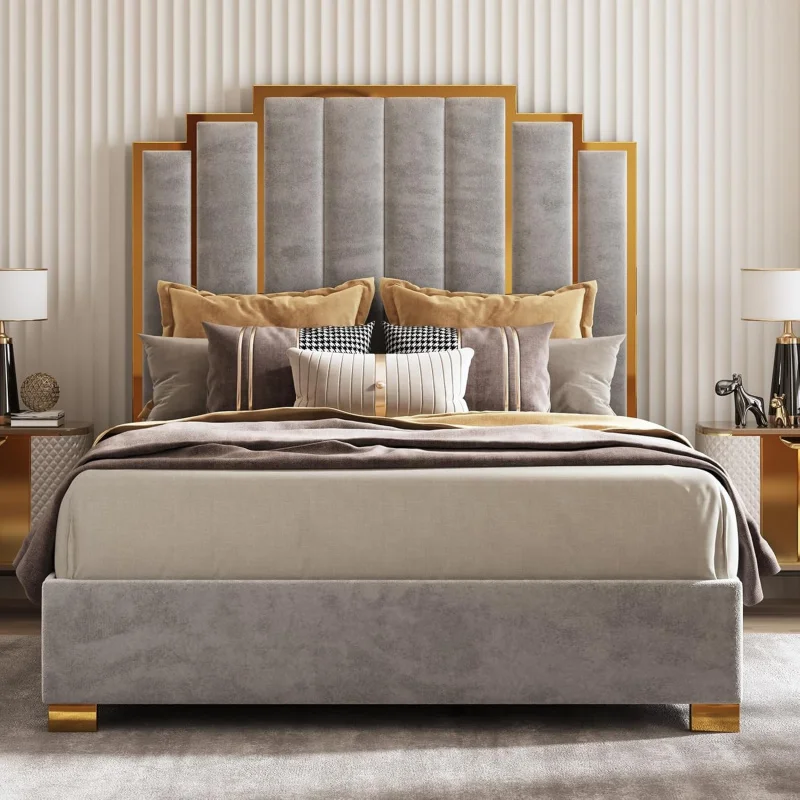 Size Upholstered Bed, Modern Velvet Bed Frame with 61.4” Tall Gold Trim Headboard, No Box Spring Needed,
Size Upholstered Bed, Modern Velvet Bed Frame with 61.4” Tall Gold Trim Headboard, No Box Spring Needed,