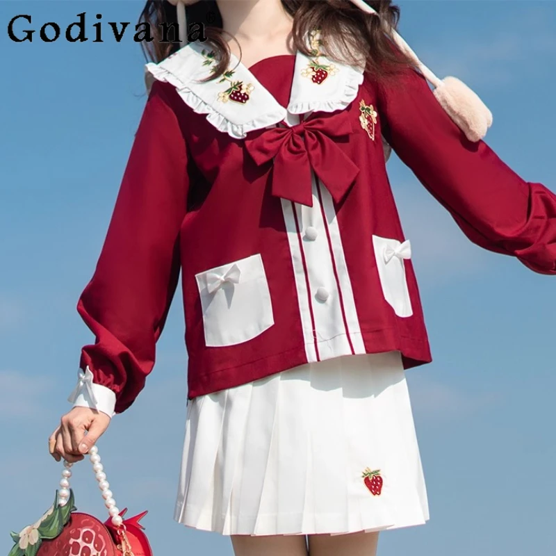 Милая японская рубашка JK Strawberry Girl с рождественским матросским воротником и длинными рукавами, модные комплекты плиссированной юбки с высокой талией, уменьшающие возраст
Милая японская рубашка JK Strawberry Girl с рождественским матросским воротником и длинными рукавами, модные комплекты плиссированной юбки с высокой талией, уменьшающие возраст