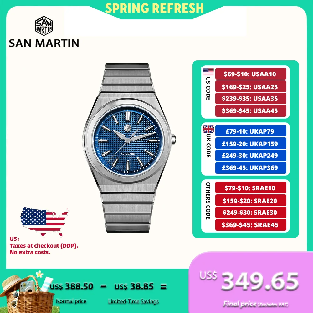San Martin New 39mm Miyota 90S5 Men Wristwatch 3D Waffle Dial Integrated Bracelet Transparent Caseback 10Bar Luminous SN0152
San Martin New 39mm Miyota 90S5 Men Wristwatch 3D Waffle Dial Integrated Bracelet Transparent Caseback 10Bar Luminous SN0152
