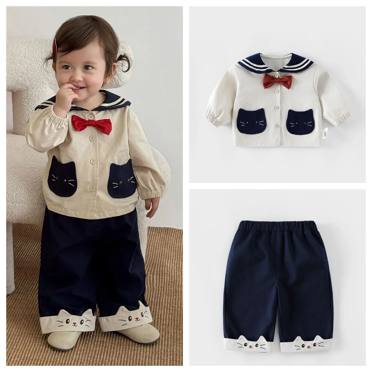 Детское пальто с милым котом для девочек, комплект одежды со штанами, новинка 2023 года, осенний детский темно-синий стиль, контрастный топ, повседневные штаны, комплект из двух предметов 
Детское пальто с милым котом для девочек, комплект одежды со штанами, новинка 2023 года, осенний детский темно-синий стиль, контрастный топ, повседневные штаны, комплект из двух предметов