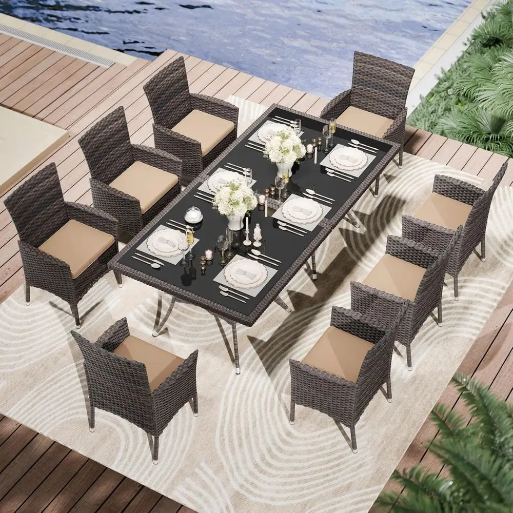10-Piece Outdoor Patio Rattan Furniture Set with 8 Cushioned Chairs and Square Glass Dining Table
10-Piece Outdoor Patio Rattan Furniture Set with 8 Cushioned Chairs and Square Glass Dining Table
