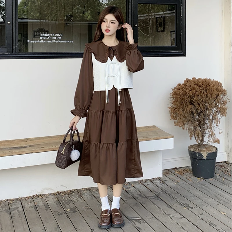 Casual Two-piece Set For Women Vest Tops And Doll Collar Long Dresses Large Size Female Autumn Winter Loose Black Coffee Suits
Casual Two-piece Set For Women Vest Tops And Doll Collar Long Dresses Large Size Female Autumn Winter Loose Black Coffee Suits