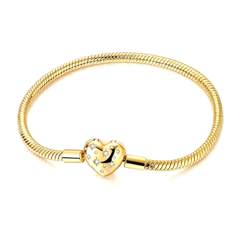 925 Sterling Silver Bracelets 17-20CM Original Golden Sparkling Heart Shaped Bracelet Fit DIY Charms Beads Fashion Women Jewelry
925 Sterling Silver Bracelets 17-20CM Original Golden Sparkling Heart Shaped Bracelet Fit DIY Charms Beads Fashion Women Jewelry