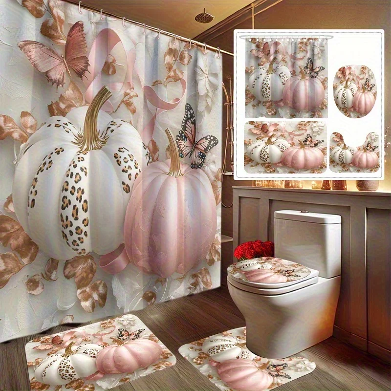 4pcs Autumn Pumpkin Festival printed shower curtain set, including bath mat, toilet lid, non-slip mat
4pcs Autumn Pumpkin Festival printed shower curtain set, including bath mat, toilet lid, non-slip mat