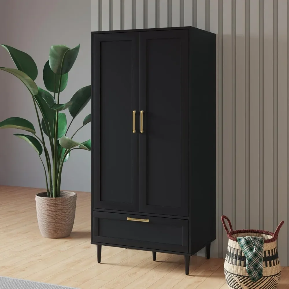 Modern Black Bedroom Armoire with Hanging Rod and Drawers
Modern Black Bedroom Armoire with Hanging Rod and Drawers