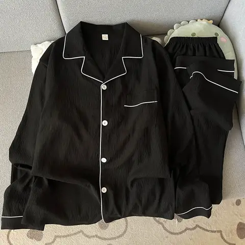 Ropa de dormir de talla grande de hilo de algodón puro para hombre, ropa de dormir negra Simple de manga larga para primavera y otoño, conjunto de pijamas juveniles para el hogar