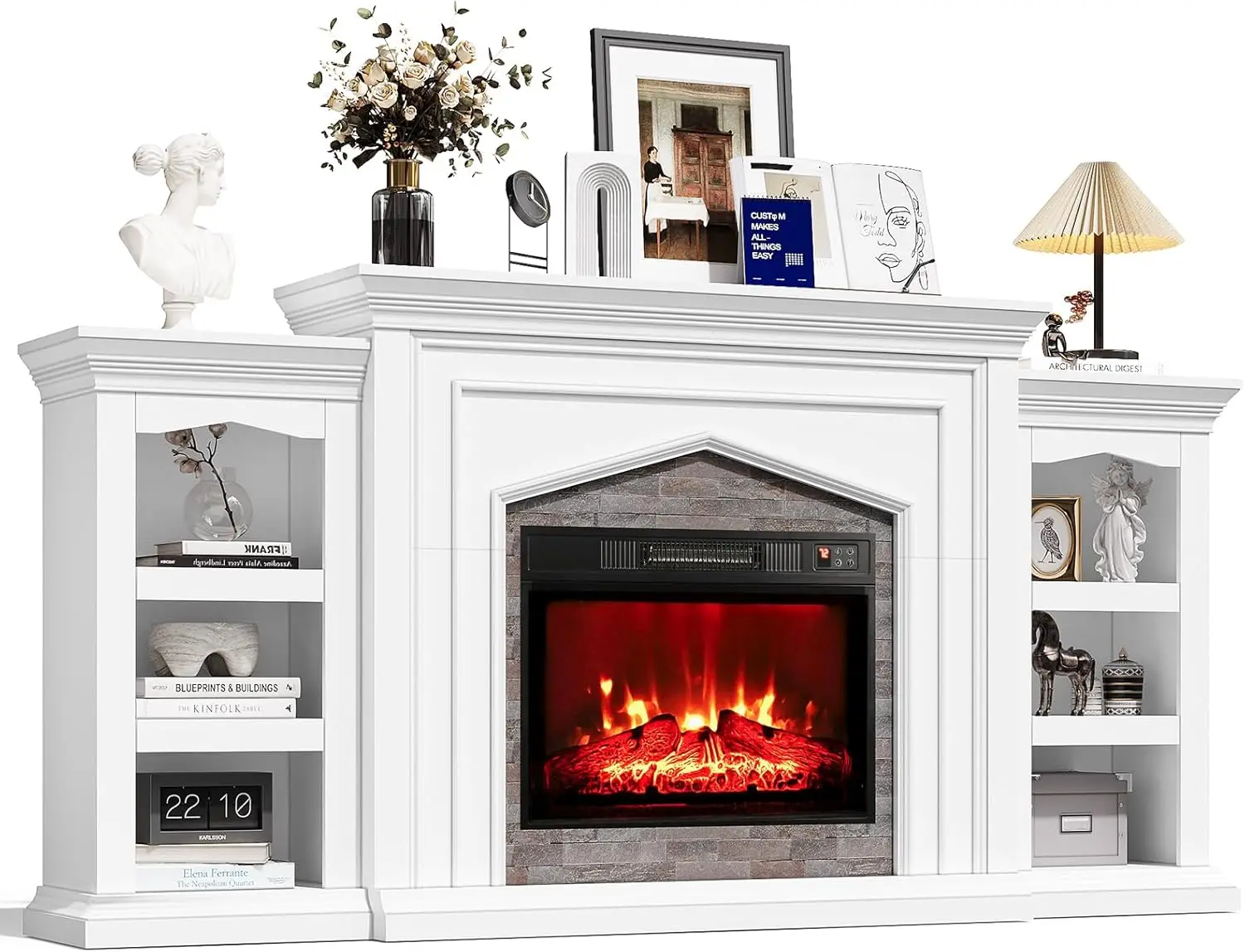 Living Room Electric Fireplace with Mantel, Wood Material, White, for TVs Up to 90in, with Storage Cabinets and Realistic Flame
Living Room Electric Fireplace with Mantel, Wood Material, White, for TVs Up to 90in, with Storage Cabinets and Realistic Flame