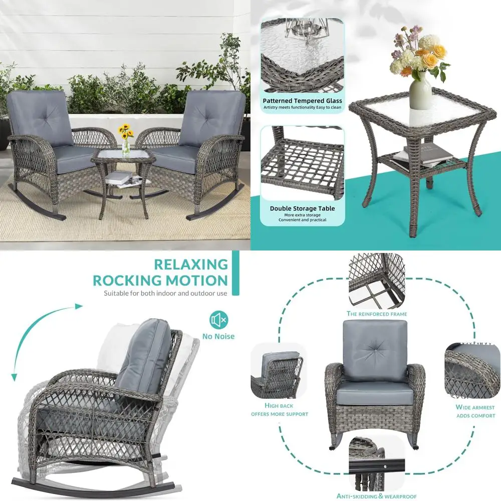 Outdoor Wicker Rocking Chair Trio with Cushions and Glass Coffee Table Patio Set
Outdoor Wicker Rocking Chair Trio with Cushions and Glass Coffee Table Patio Set