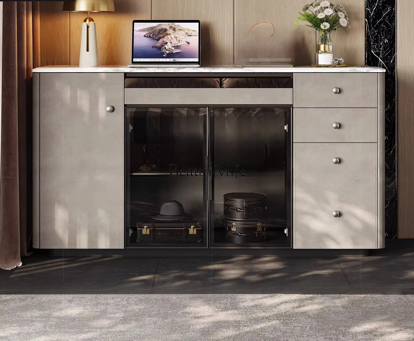 Living room dining side cabinet integrated storage storage against the wall saddle leather solid wood storage cabinet
Living room dining side cabinet integrated storage storage against the wall saddle leather solid wood storage cabinet