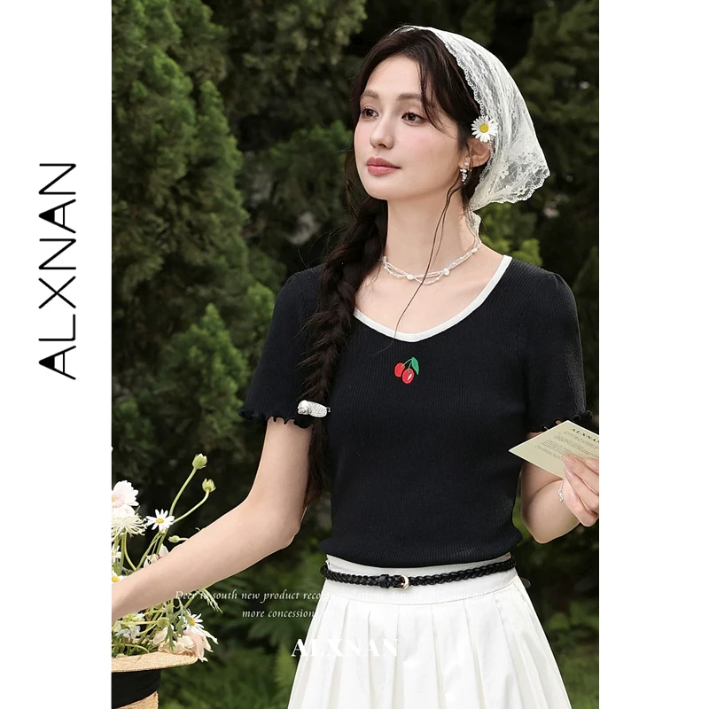 ALXNAN Black T-shirt V-neck Cherry Embroidery Ruffled Knit Short Sleeve T-shirts Women 2026 Summer Elegant Casual Tops L65110
ALXNAN Black T-shirt V-neck Cherry Embroidery Ruffled Knit Short Sleeve T-shirts Women 2026 Summer Elegant Casual Tops L65110