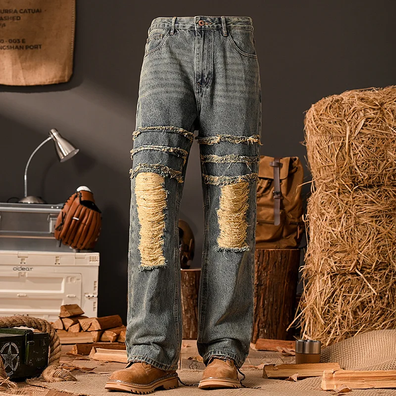 2025 new retro high street loose straight leg fashionable ripped jeans for men with street personality and cool mop pants
2025 new retro high street loose straight leg fashionable ripped jeans for men with street personality and cool mop pants