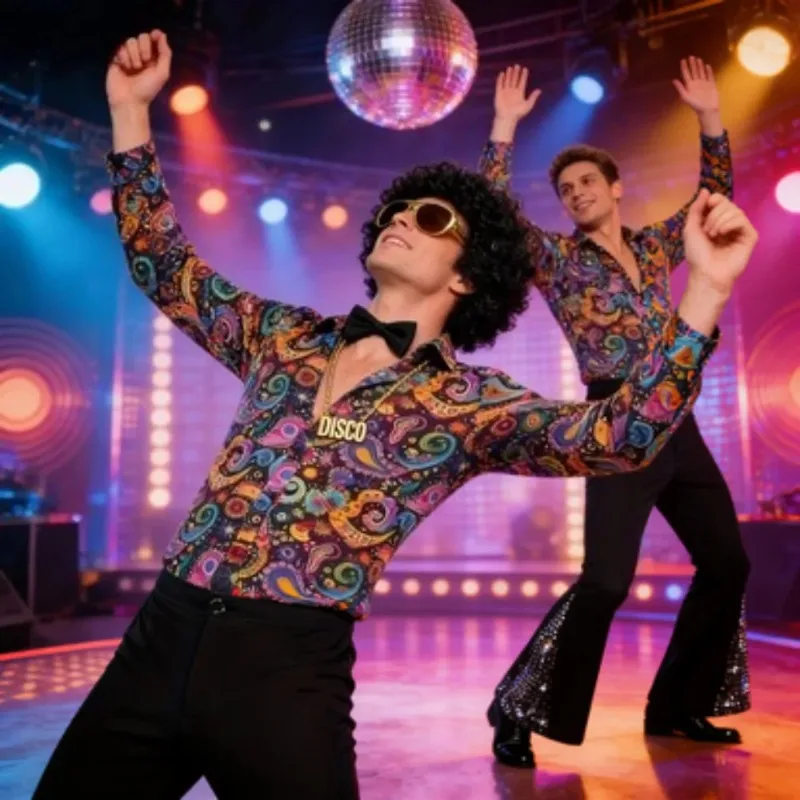 6 Pc 70s Disco Outfit Retro Shirt Bell Bottom Pants Wig Sunglasses Necklace for Men Party
6 Pc 70s Disco Outfit Retro Shirt Bell Bottom Pants Wig Sunglasses Necklace for Men Party