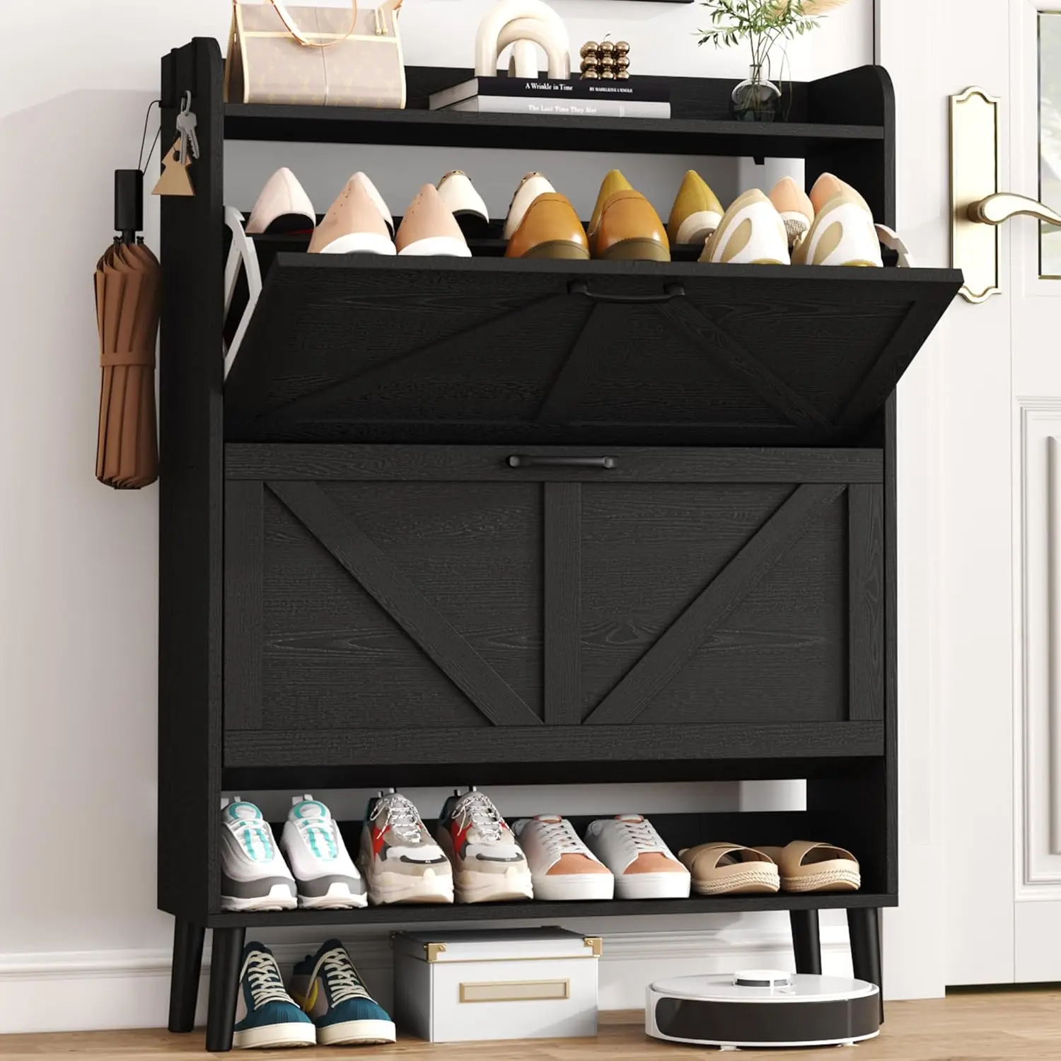 30" Shoe Storage Cabinet with Flip Drawers, Narrow Entryway Organizer, Farmhouse Style, Black
30" Shoe Storage Cabinet with Flip Drawers, Narrow Entryway Organizer, Farmhouse Style, Black