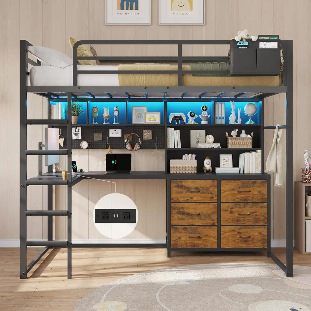 Twin Lot Bed with L-Shaped Desk, Bookshelf, and Charging Station - Metal Twin Size Bed with Storage Drawers, Open Shelves, and S
Twin Lot Bed with L-Shaped Desk, Bookshelf, and Charging Station - Metal Twin Size Bed with Storage Drawers, Open Shelves, and S