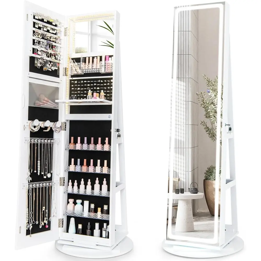 360° Swivel Jewelry Cabinet with 3-Color LED, Lockable Armoire Organizer, Full-Length Mirror, and Foldable Makeup Shelf for Wome
360° Swivel Jewelry Cabinet with 3-Color LED, Lockable Armoire Organizer, Full-Length Mirror, and Foldable Makeup Shelf for Wome