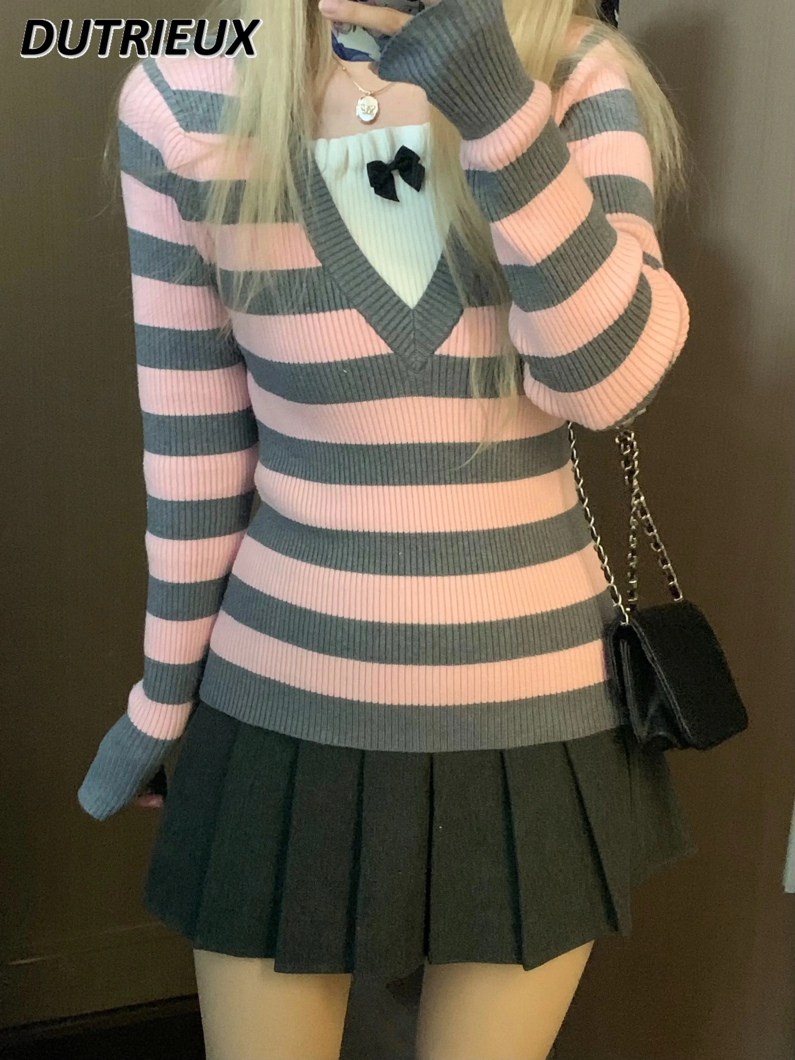 Новинка весна-осень полосатый тонкий женский вязаный пуловер милый женский необычный свитер из двух частей