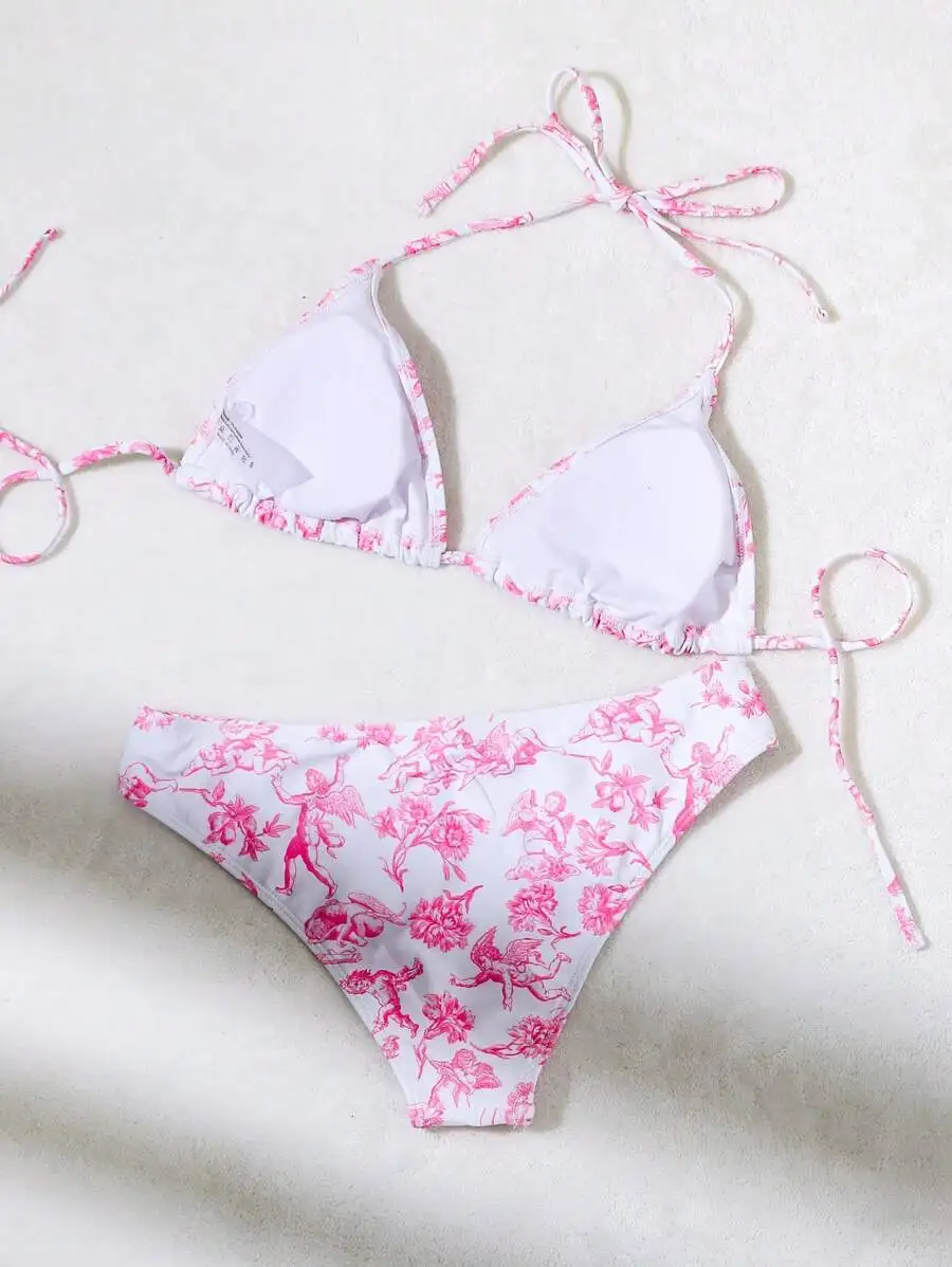 Pink Floral Angel Print Halter Bikini Set For Beach Pool Summer
Pink Floral Angel Print Halter Bikini Set For Beach Pool Summer