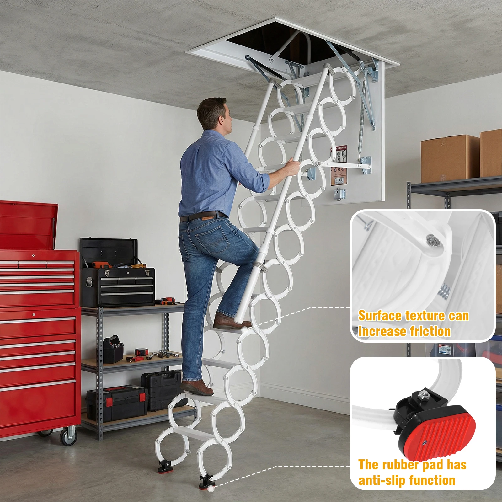 12 Steps Ceiling Mounted Attic Ladder with Handrails Retractable Ceil Stairs 660LBS Capacity Height Adjustable for Rough Opening
12 Steps Ceiling Mounted Attic Ladder with Handrails Retractable Ceil Stairs 660LBS Capacity Height Adjustable for Rough Opening