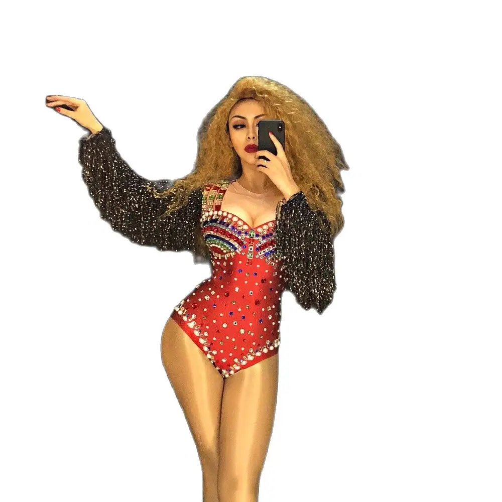New Sexy Shiny Red Rhinestone Bodysuit Female Singer Stage Show Wear Red Fringes Sleeves Nightclub DJ Costumes Gogo Dance Outfit
New Sexy Shiny Red Rhinestone Bodysuit Female Singer Stage Show Wear Red Fringes Sleeves Nightclub DJ Costumes Gogo Dance Outfit