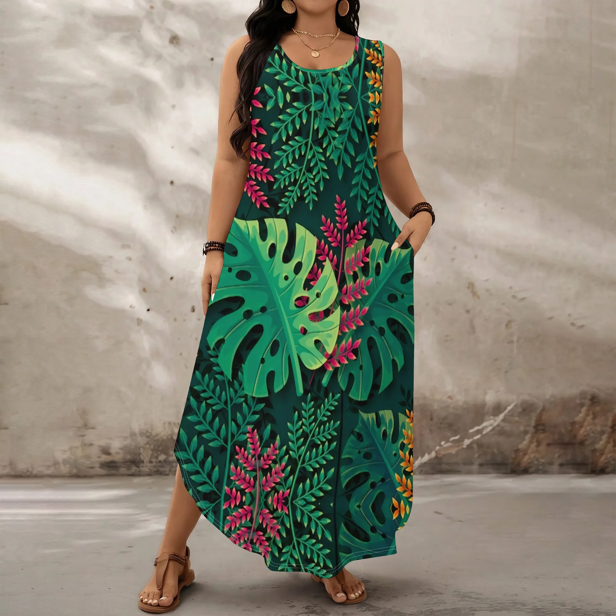 Green Tropical Leaf Plus Size Dress XL-6XL Sleeveless Loose Fit Maxi Style with Pockets for Brunch, Beach or Summer Look
Green Tropical Leaf Plus Size Dress XL-6XL Sleeveless Loose Fit Maxi Style with Pockets for Brunch, Beach or Summer Look