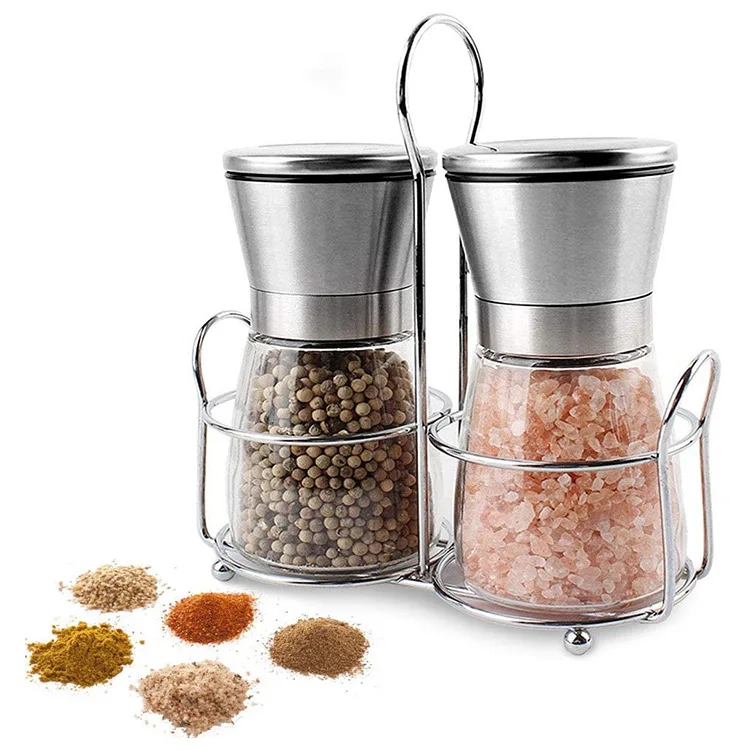 Salt and Pepper Grinder Set with stainless steel rack, Refillable Pepper Mill Set - Brushed Stainless Steel -Short Glass Shakes
Salt and Pepper Grinder Set with stainless steel rack, Refillable Pepper Mill Set - Brushed Stainless Steel -Short Glass Shakes