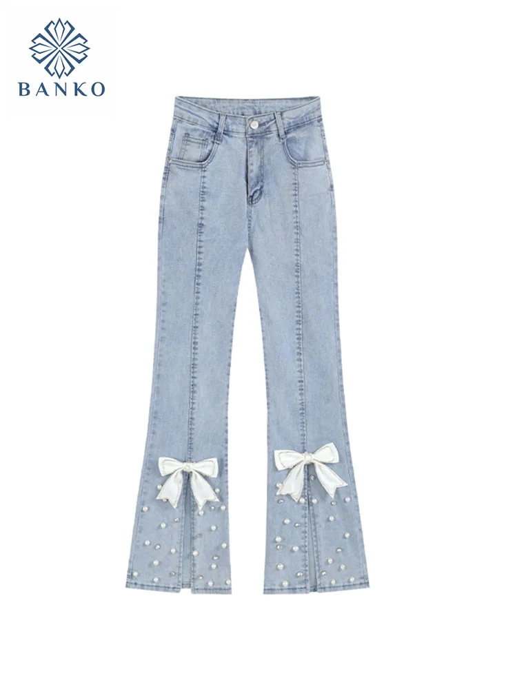 American Retro Pearl Flare Jeans High Waist Slim Bell Bottoms Front Slit Women Fashion Blue Denim Trousers Bow Sweet High Street
American Retro Pearl Flare Jeans High Waist Slim Bell Bottoms Front Slit Women Fashion Blue Denim Trousers Bow Sweet High Street