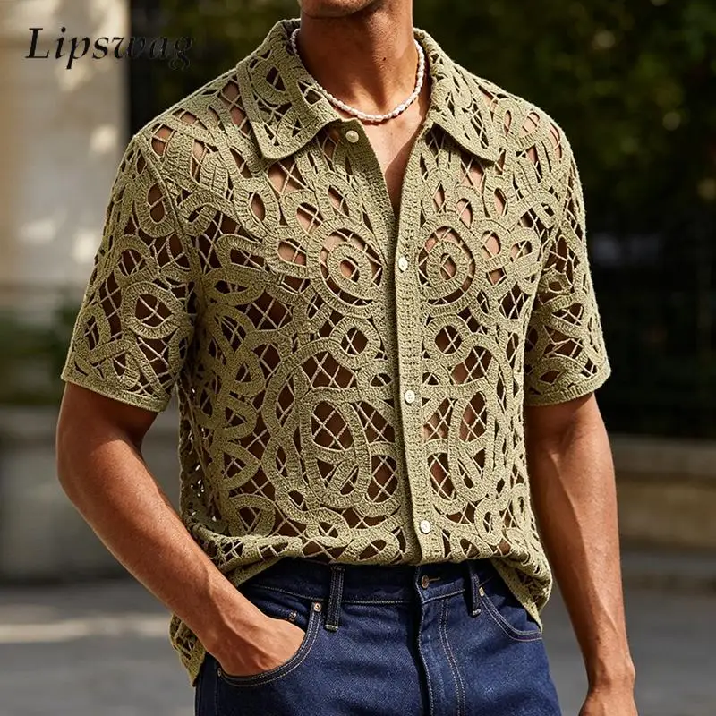 Vintage Florals Embroidery Crochet Knit Shirts Mens Summer Sexy See Through Hollow Out Shirt Outdoor Casual Men Short Sleeve Top
Vintage Florals Embroidery Crochet Knit Shirts Mens Summer Sexy See Through Hollow Out Shirt Outdoor Casual Men Short Sleeve Top