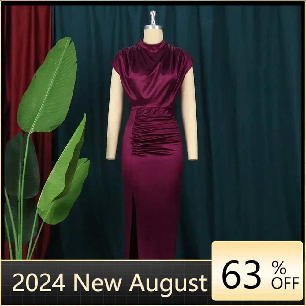 Women Pleated Long Party Dress Shiny Satin Slit High Collar Slim Sleeveless Robes Evening Wedding Guest Gowns Big Size 2024 New
Women Pleated Long Party Dress Shiny Satin Slit High Collar Slim Sleeveless Robes Evening Wedding Guest Gowns Big Size 2024 New