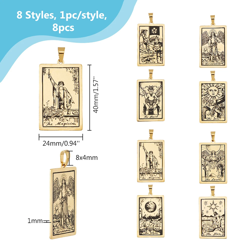 8Pcs 8 Styles 201 Stainless Steel Pendants Laser Engraved Pattern Tarot Card Pendants Golden 40x24x1mm Hole: 8x4mm 1pc/style
8Pcs 8 Styles 201 Stainless Steel Pendants Laser Engraved Pattern Tarot Card Pendants Golden 40x24x1mm Hole: 8x4mm 1pc/style
